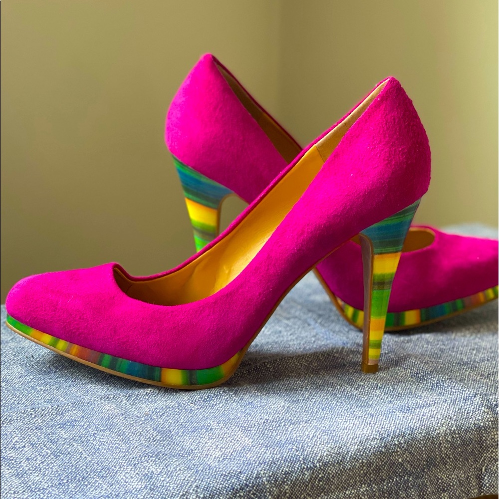 Nine West Fuchsia Pink Suede with Multicolored Heels